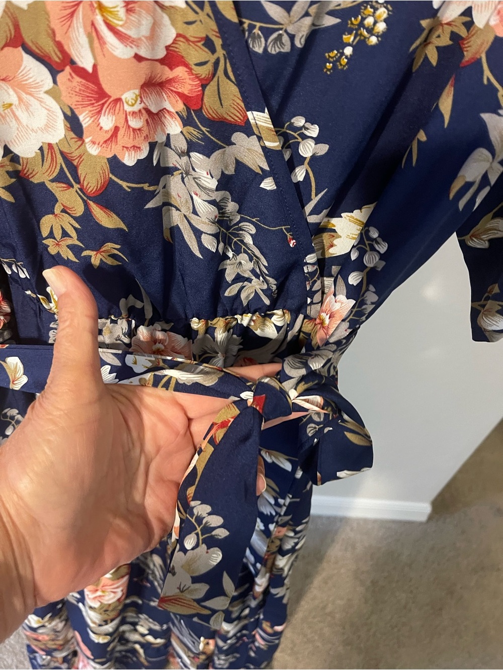 Navy Floral Maxi Wrap Dress with Pink & Cream Blooms - Picture 2 of 7